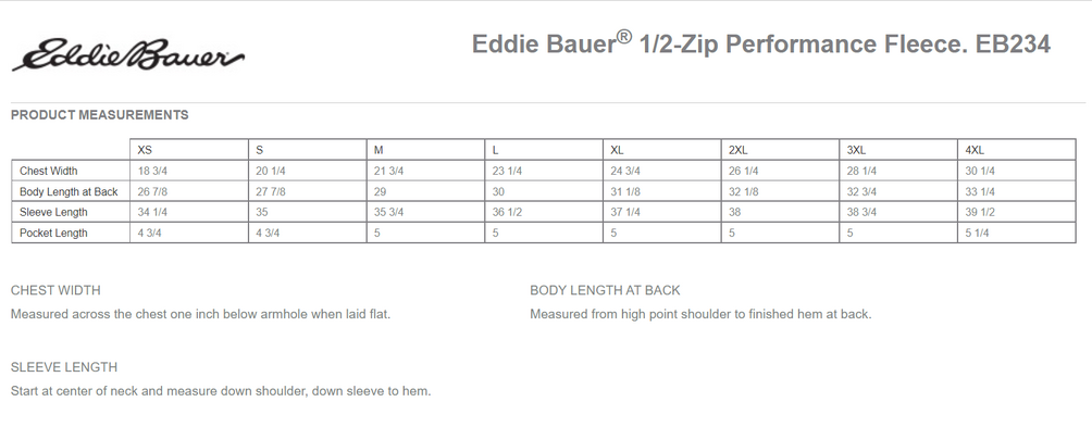 Size chart for a EB234 Eddie Bauer 1/2-Zip Performance Fleece