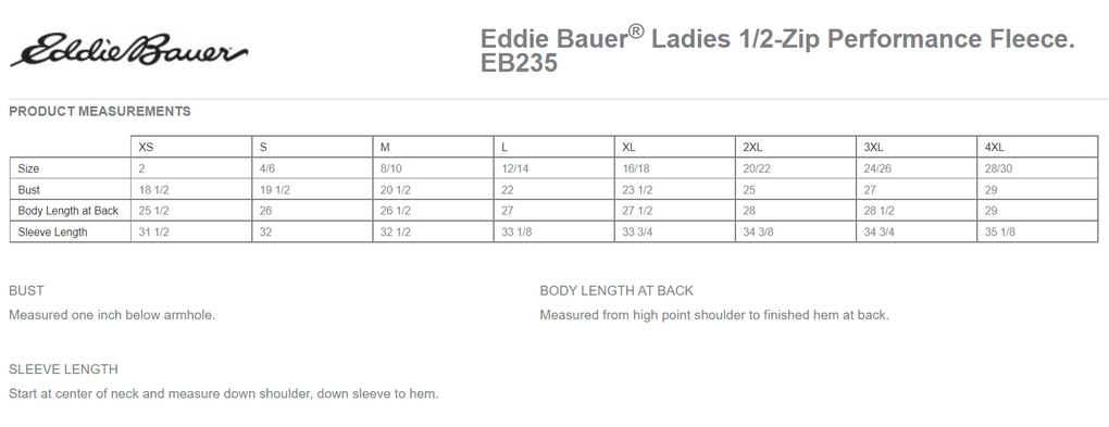 Size chart for a EB235 Eddie Bauer Ladies 1/2-Zip Performance Fleece