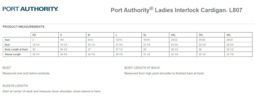 Size chart for a L807 Port Authority Ladies Interlock Cardigan