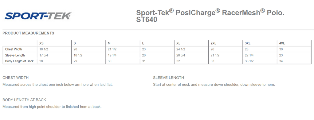 Size chart for a ST640 Sport-Tek PosiCharge RacerMesh Polo