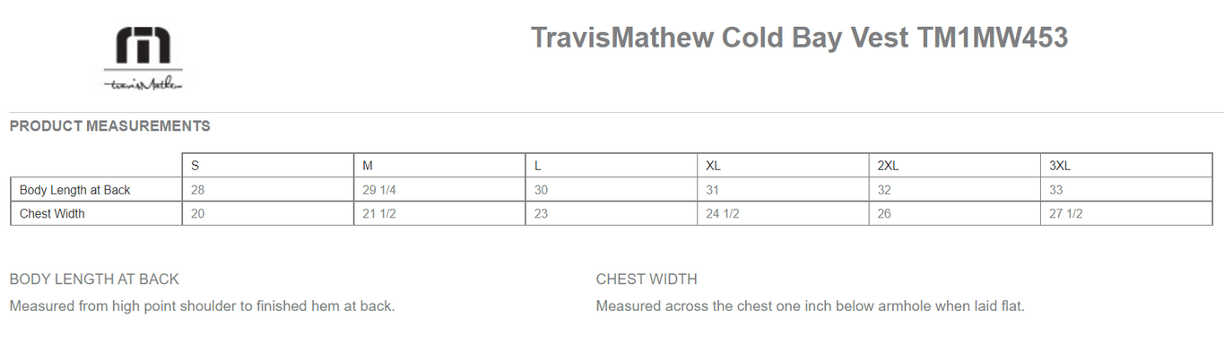 Size chart for a TM1MW453 TravisMathew Cold Bay Vest