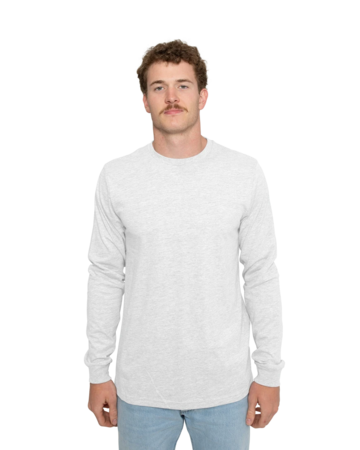 Model wearing a 3501CVC Bella + Canvas Unisex Heather CVC Long Sleeve Tee