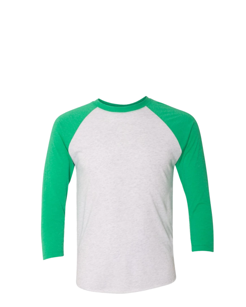Image of a model wearing a 6051 Next Level Unisex Tri-Blend Three-Quarter Sleeve Baseball Raglan Tee