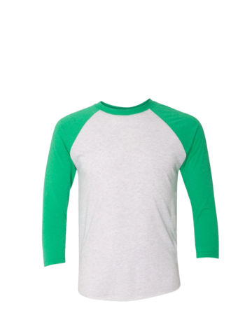 Model wearing a 6051 Next Level Unisex Tri-Blend Three-Quarter Sleeve Baseball Raglan Tee