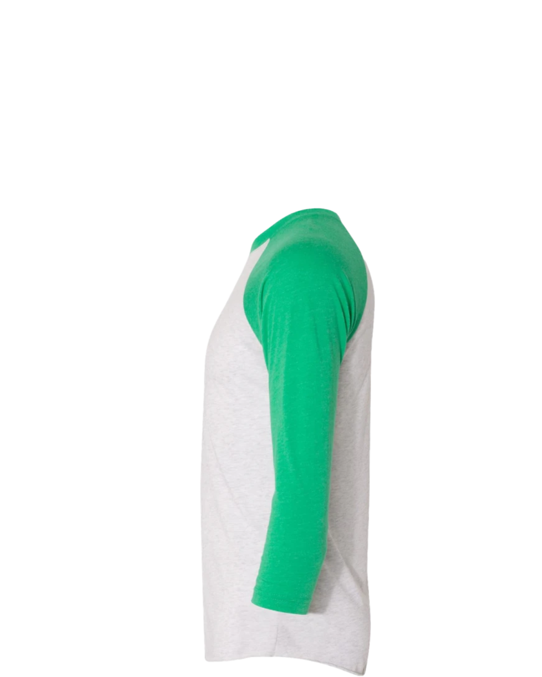 Image of a model wearing a 6051 Next Level Unisex Tri-Blend Three-Quarter Sleeve Baseball Raglan Tee