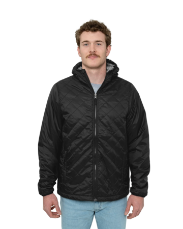 Model wearing a 9245 Charles River Men's Lithium Quilted Hooded Jacket