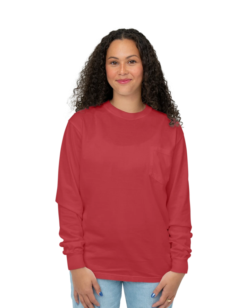 Image of a model wearing a CC4410 Comfort Colors Long Sleeve Pocket T-shirt