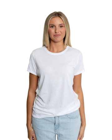 Model wearing a DM130L District Ladies Perfect Tri-Blend Crew Tee