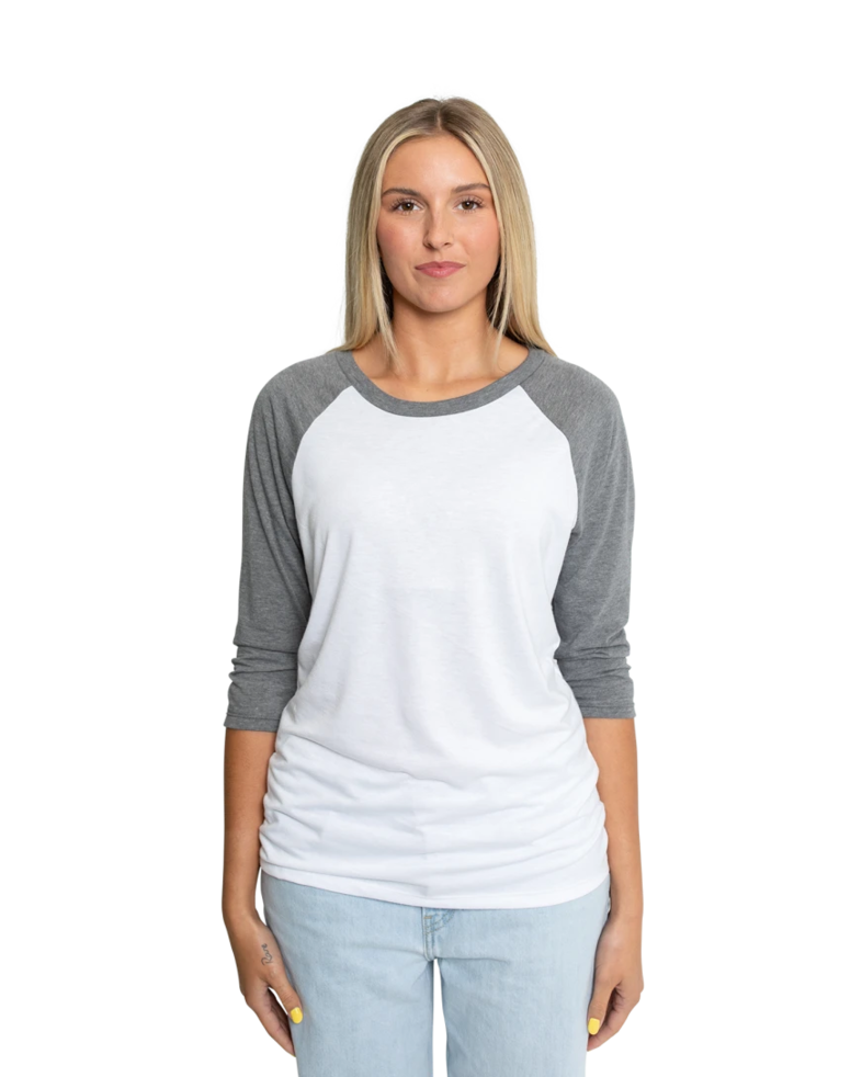 Image of a model wearing a DM136L District Ladies Tri-Blend Baseball Raglan