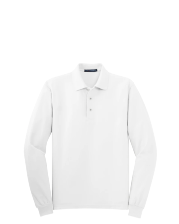 Model wearing a K500LS Port Authority Silk Touch Long Sleeve Polo
