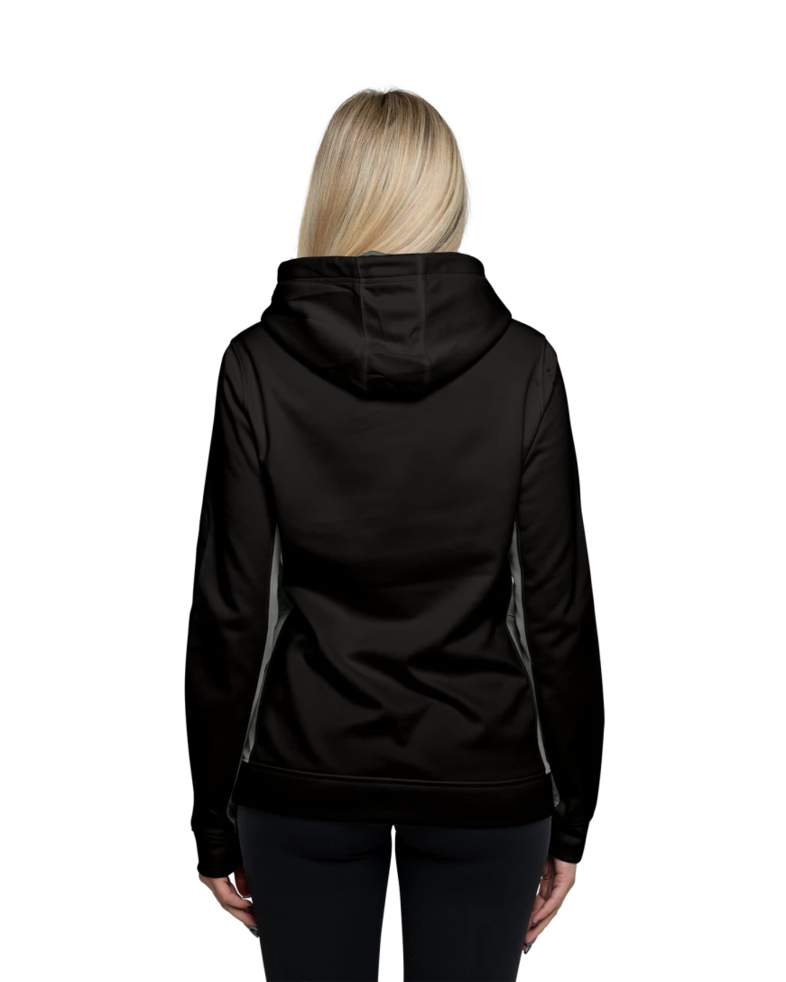Image of a model wearing a LST235 Sport-Tek Ladies Sport-Wick Fleece Colorblock Hooded Pullover