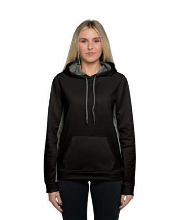 Model wearing a LST235 Sport-Tek Ladies Sport-Wick Fleece Colorblock Hooded Pullover