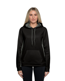 Image of a model wearing LST235 Sport-Tek Ladies Sport-Wick Fleece Colorblock Hooded Pullover