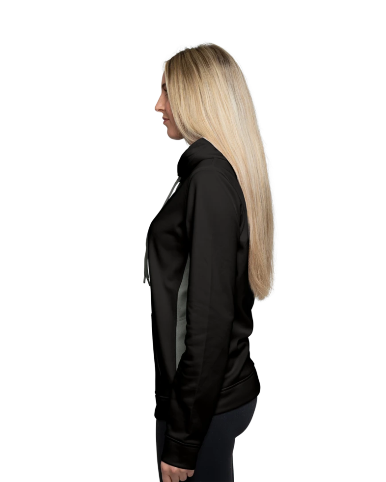 Image of a model wearing a LST235 Sport-Tek Ladies Sport-Wick Fleece Colorblock Hooded Pullover