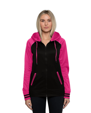 Model wearing a LST236 Sport-Tek Ladies Sport-Wick Varsity Fleece Full-Zip Hooded Jacket