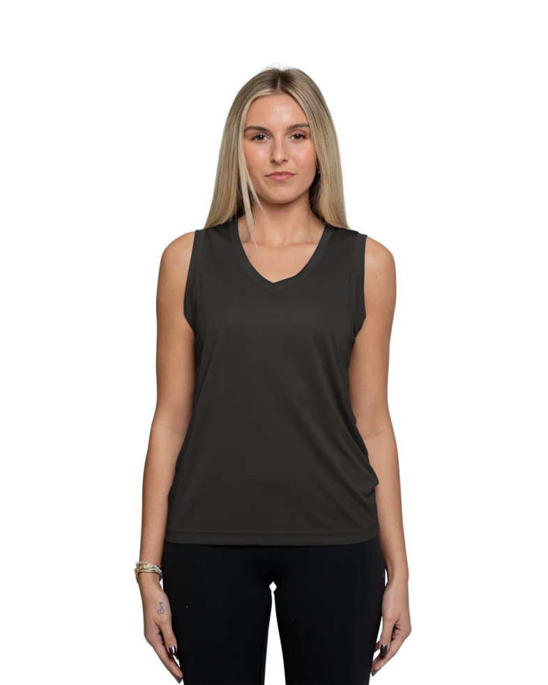 Image of a model wearing a LST352 Sport-Tek Ladies Sleeveless PosiCharge Competitor V-Neck Tee