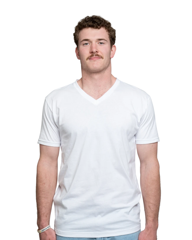 Image of a model wearing a Next Level 3200 Premium Short Sleeve V-Neck T-shirt