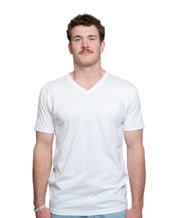 Model wearing a Next Level 3200 Premium Short Sleeve V-Neck T-shirt