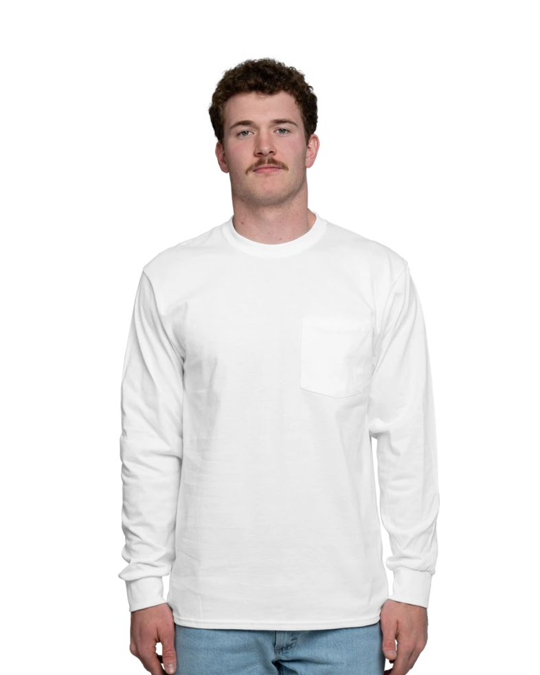 Image of a model wearing a PC61LSP Port & Company Long Sleeve Pocket Tee