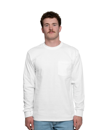 Model wearing a PC61LSP Port & Company Long Sleeve Pocket Tee